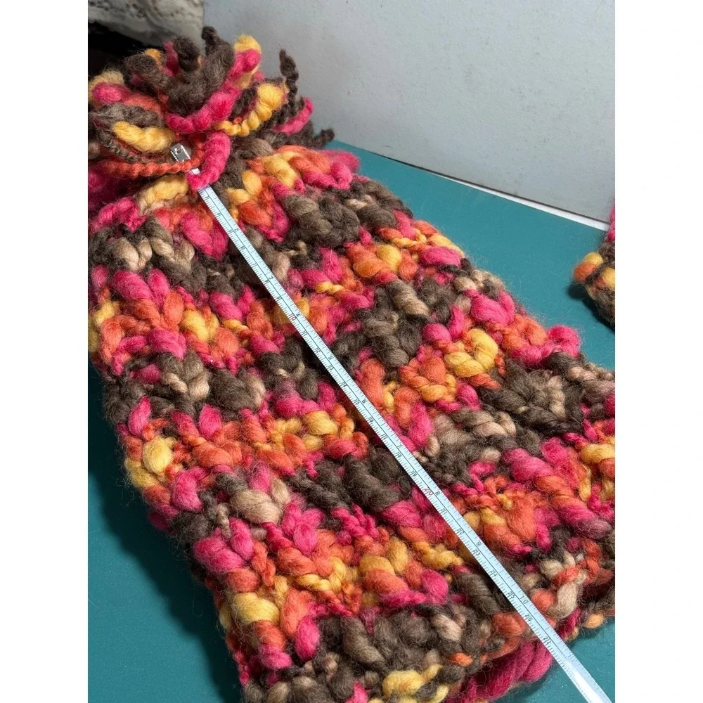 Redfish Designs‎ 100% Wool Chunky Knit Pom Beanie and Mittens Set Pink Orange